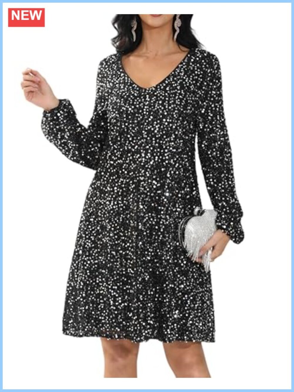 Sequin Long Sleeve V Neck Party Club Dress Shift